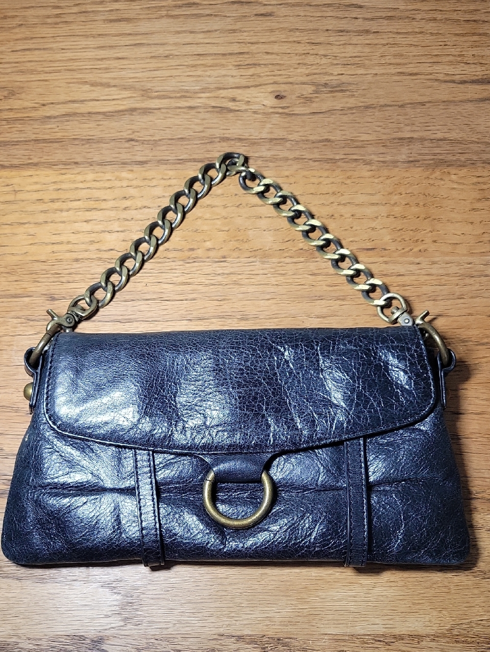 Hobo International Black Leather Clutch/Wristlet with Chain Floral Interior